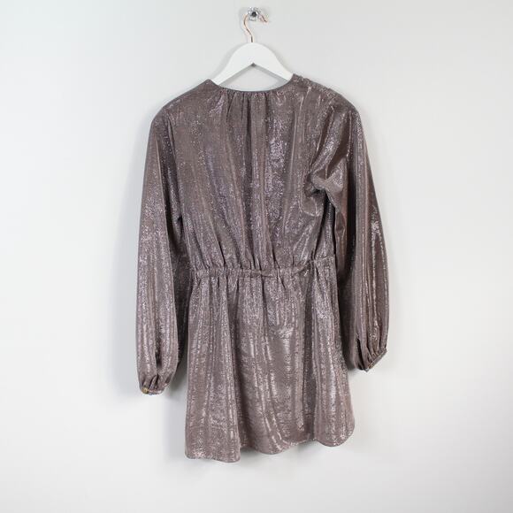 Ramy Brook Metallic Sparkly Faux-Wrap Mini Balloon Sleeve Cocktail Dress - Picture 5 of 7